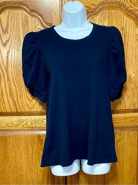 Pomander Place Tuckernuck Navy Blue Vesty Puff Sleeve Crewneck Top M 100% Cotton